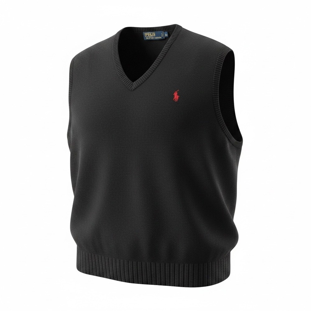 Polo‎ Ralph Lauren Mens XL Black 100% Pima Cotton V-Neck Sweater Vest Red Pony
